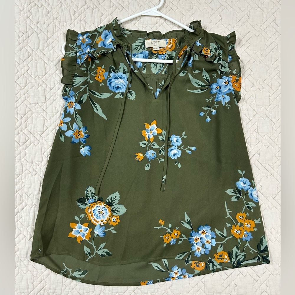 LOFT Olive Green Floral Ruffle Sleeve Blouse